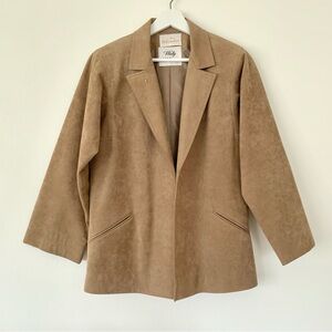 1960s 1970s faux suede tan blazer by Abe Schrader with golden cross pin